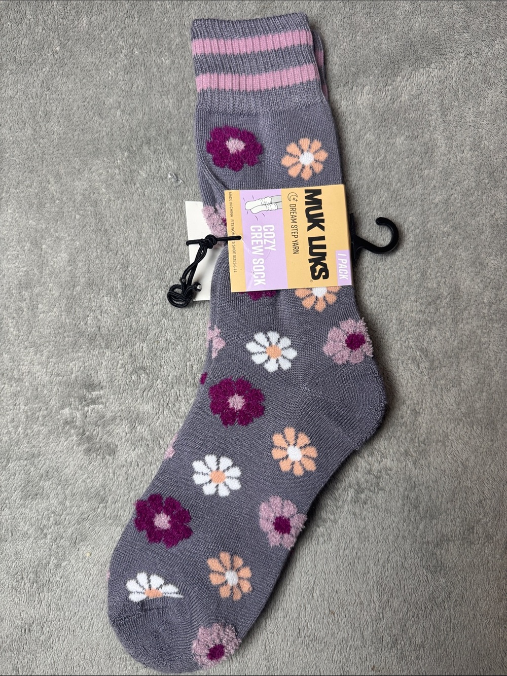 Muk Luks Gray Crew Socks with Pink, White & Peach Floral Print